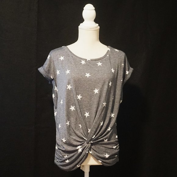 Lucky Brand Heather Dark Blue with White Star Pattern Cap Sleeve Tee Women’s Med - Picture 1 of 6